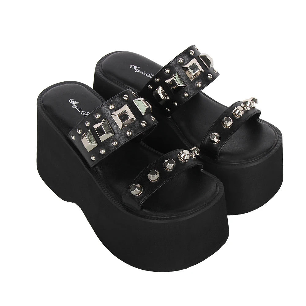 Women lolita cool punk shoes lady high heels pumps girl princess summer dress party customized sandals fish mouth 8cm rivets 41