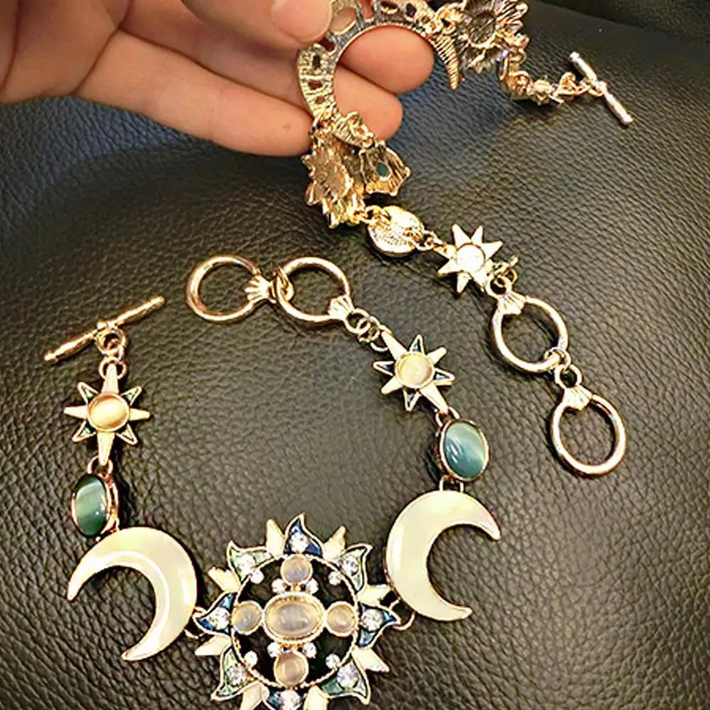 Bohemian Style Asymmetrical Sun, Moon, and Star Bracelet with Natural Rhinestones - Women’s Party Jewelry Gift