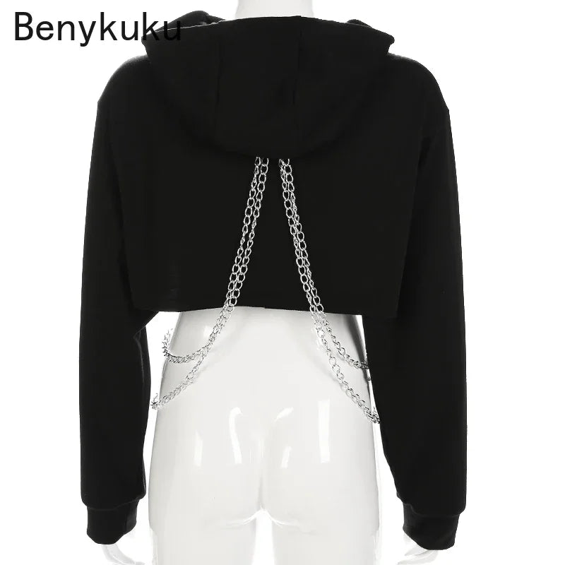 Black Cropped Hooded Sweatshirt Women Loose Chain Patchwork Pullover Goth Hoodie Punk Streetwear Sweat Femme Hoodies Gothic Top