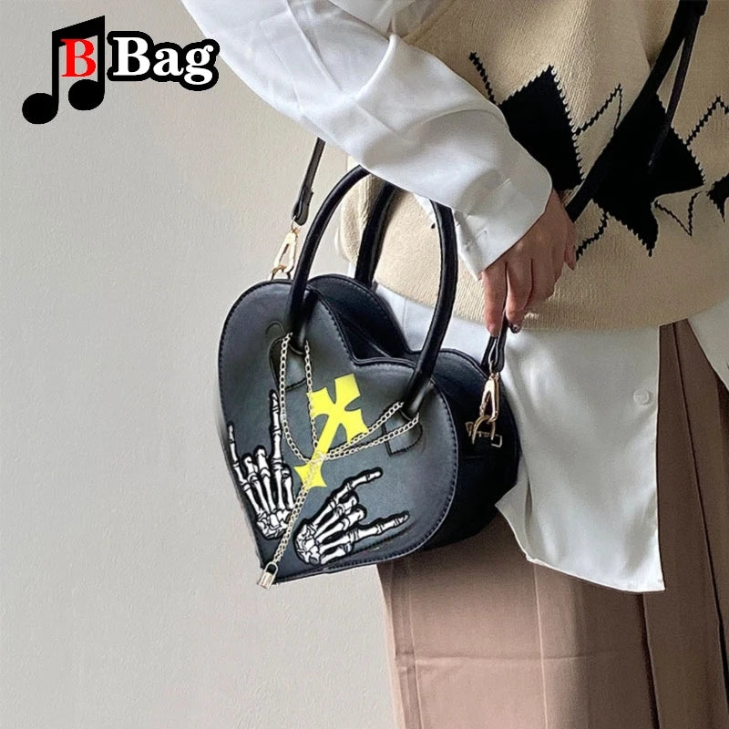 Y2K Skeleton Hand Heart Shoulder Bag | Harajuku Punk Chain Messenger Tote for Women