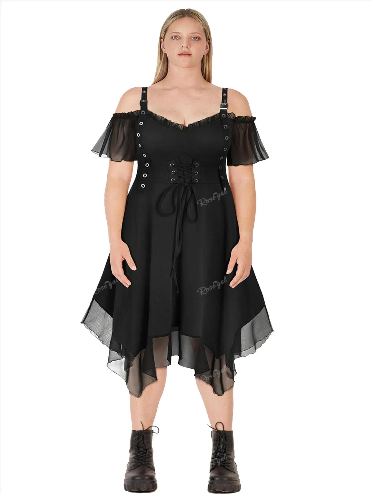 ROSEGAL Gothic Grommet Lace Up Dress Summer S-5XL Black High Waist Cold Shoulder Mesh Handkerchief A-Line Ruffles Dresses