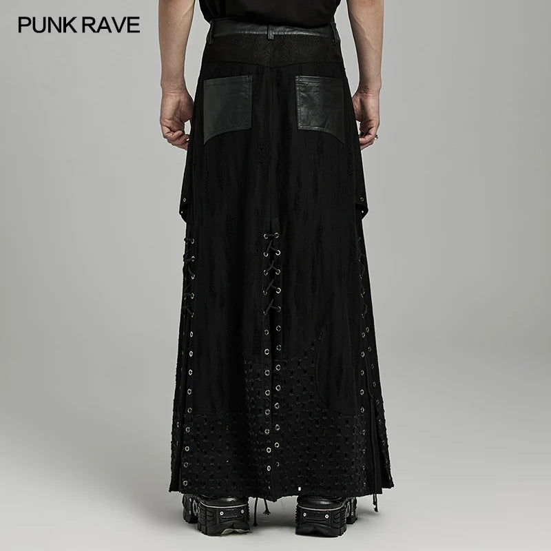 PUNK RAVE Men's Punk Layered Iron Ring Skirt - Heavy Industry Style with Irregular Splicing, Creative Streetwear Casual Pants