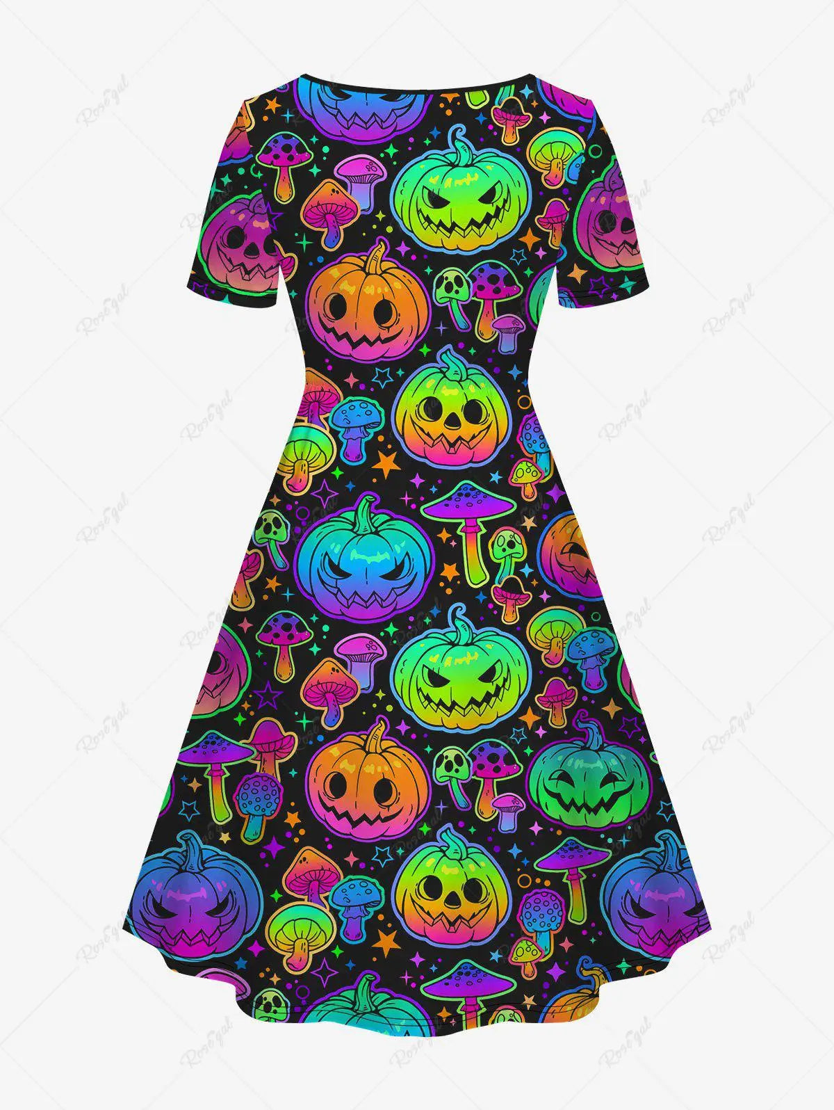 Plus Size Halloween Gothic Dress - Colorful Skull, Dinosaur, Sailor, Pumpkin, Mushroom, and Star Print. Casual or Party Outfit for Women