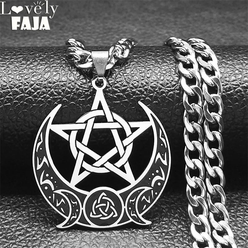 Wicca Triple Moon Crescent Pentagram Necklace – Stainless Steel Chain Jewelry Gift for Men and Women