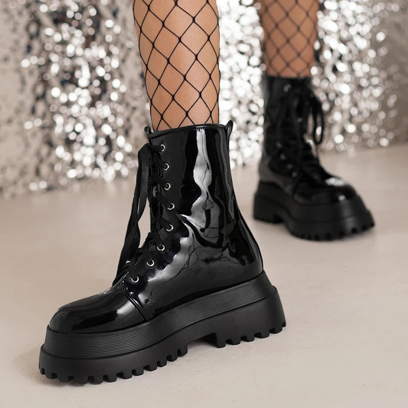 Double Layer Platform Shiny Patent Leather Flat Bottom Boots