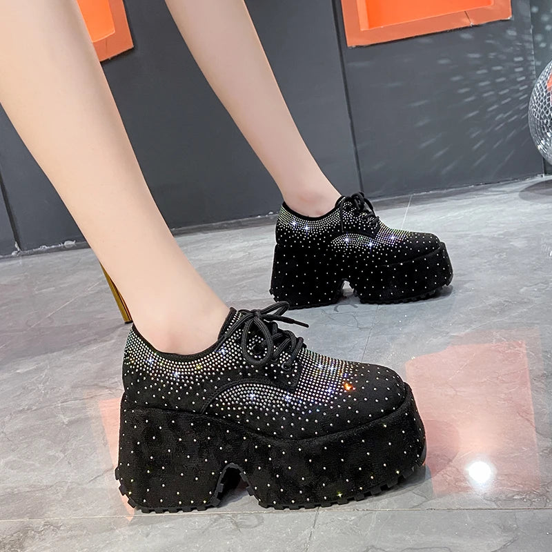 High Top Spring Black Women Shoes | New Style Fashion 9.5CM Platform Shoes | Trendy Platform Sneakers | Tide Shine Bling Rhinestone Shoes