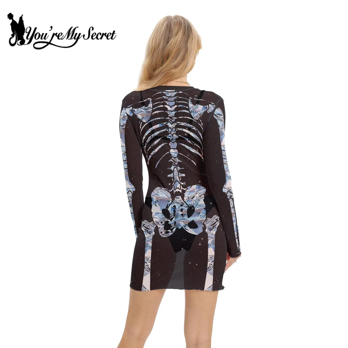 [You're My Secret] Women's Sheer Mesh Mini Dress Skeleton 3D Printing Sexy Smoky Dress Female Sexy Skirt Halloween Party Dress