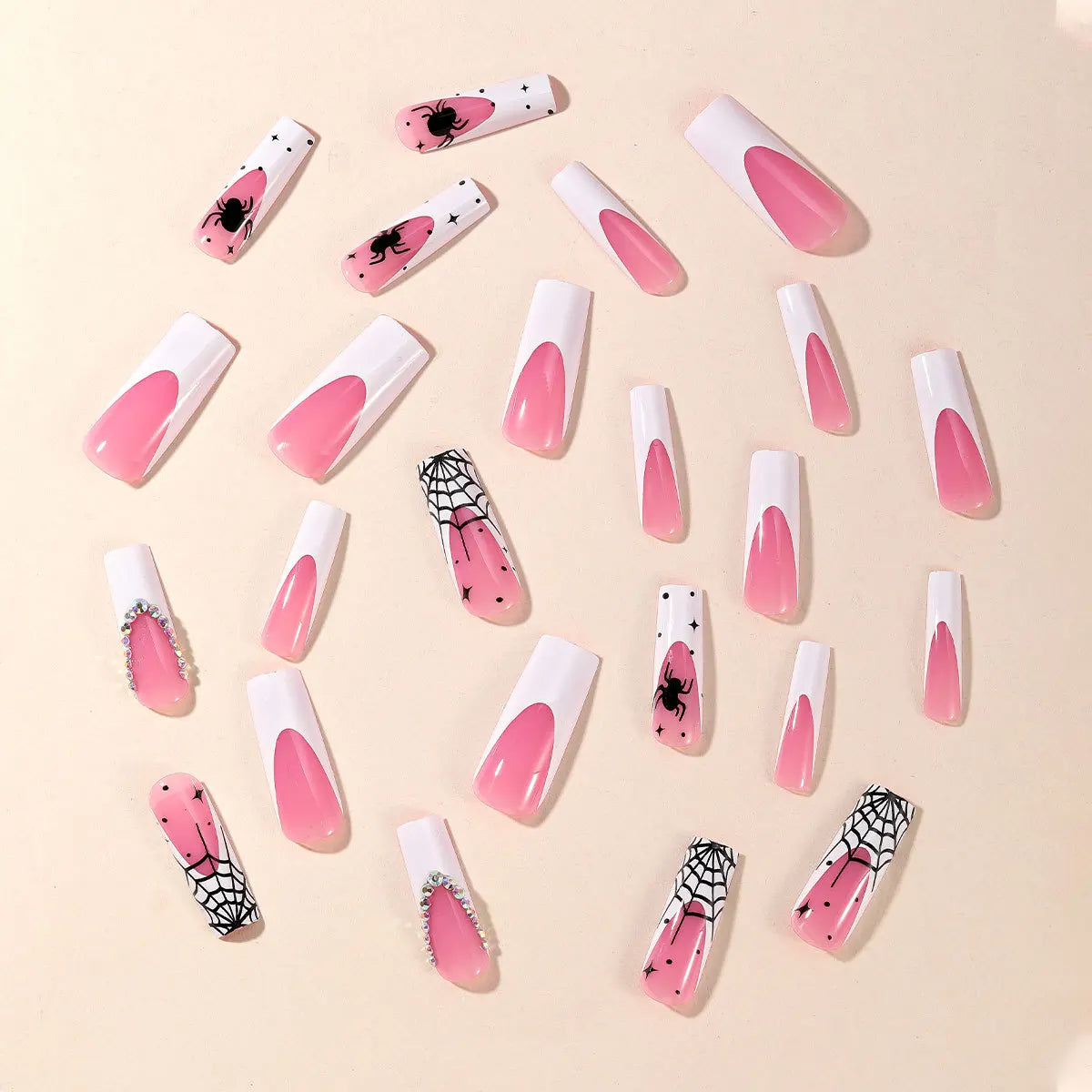 24Pcs White French Fake Nails with Black Spider Web Design – Full Cover, Wearable Halloween Long Coffin, Stiletto, and Square Shaped Press-On Nails