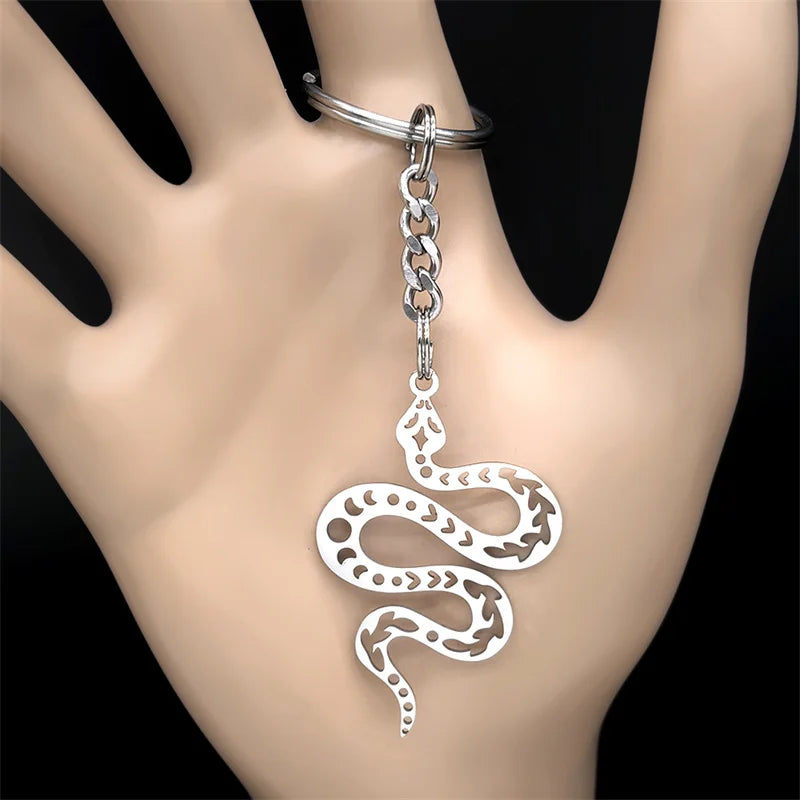 Witchcraft Hollow Snake Heart Keychain – Stainless Steel Triple Moon Witch Star Gothic Key Ring for Women & Men