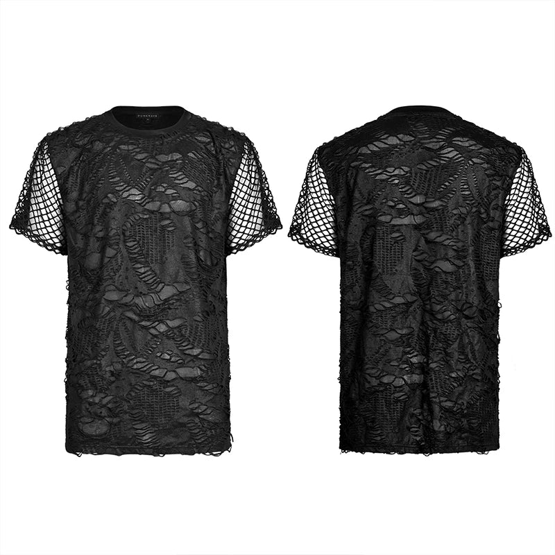 PUNK RAVE Men's Goth Daily Wear Knited Broken Holes Splices Mesh Short Sleeve T-shirt Fashion Personality Casual Loose Tees