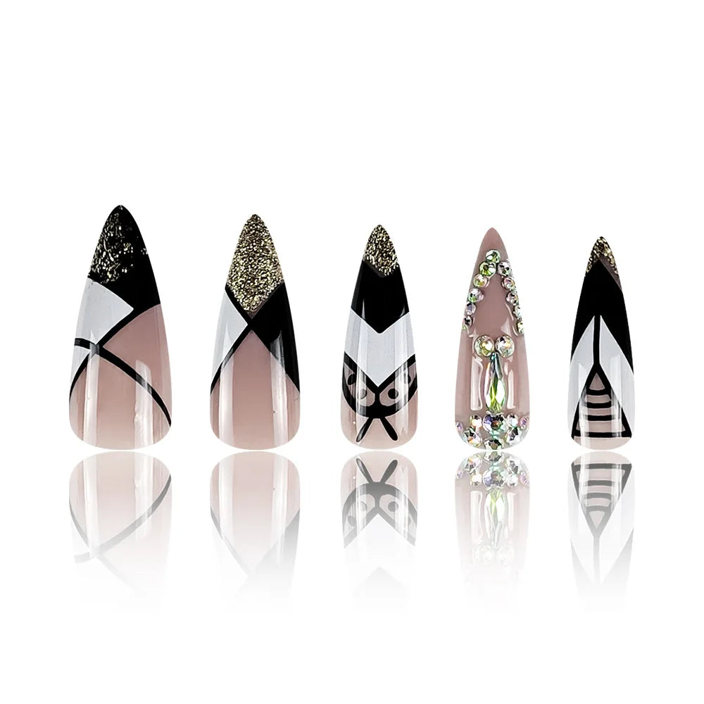 2024 French Black & White Press-On Nails - Crystal Design, European Style Artificial Nails for Women