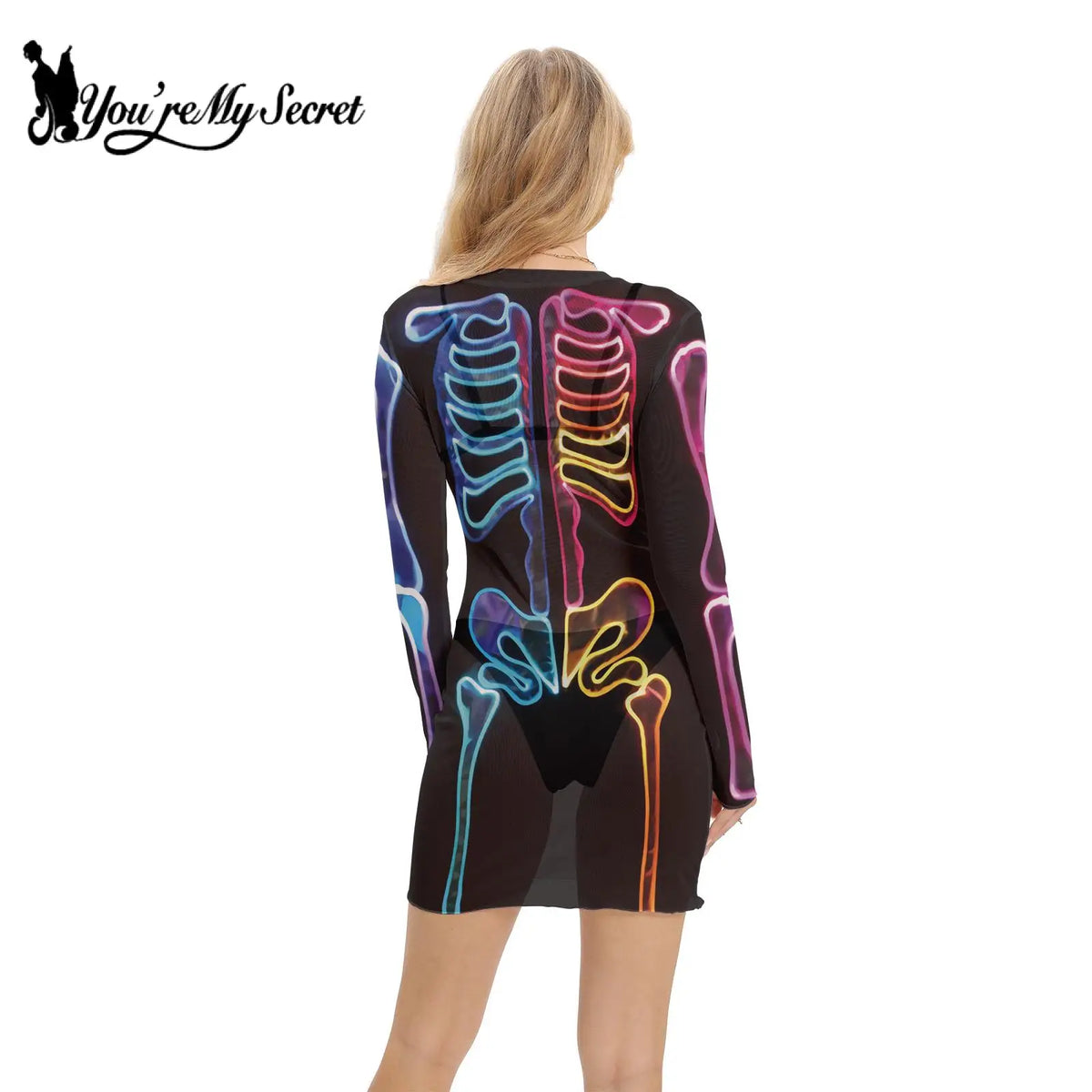 [You're My Secret] Women's Sheer Mesh Mini Dress Skeleton 3D Printing Sexy Smoky Dress Female Sexy Skirt Halloween Party Dress