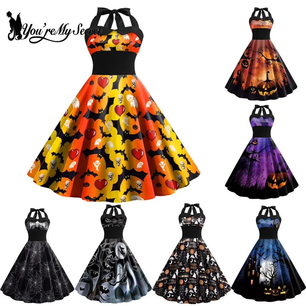 [You're My Secret] Vintage Dress Women 2023 Summer Sexy Print Halloween Party Dresses Vestidos Robe Pin Up Y2K Rockabilly Dress