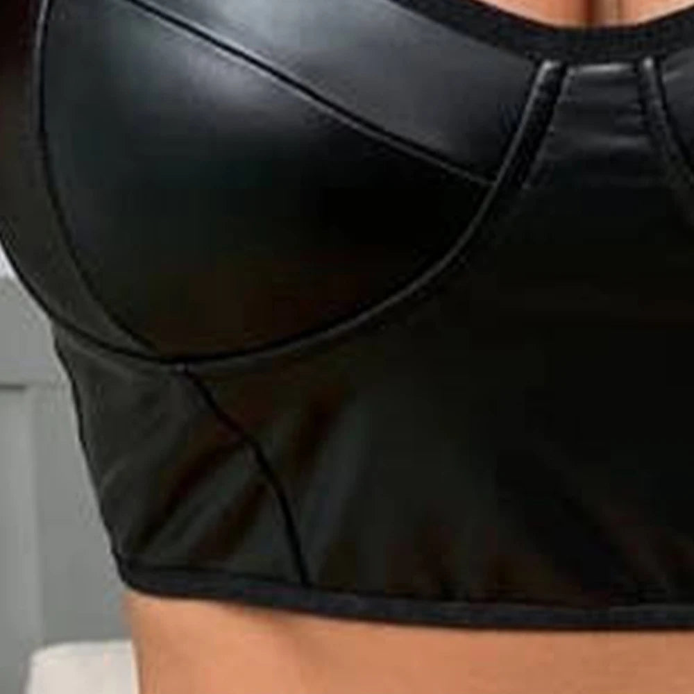 Wet Look Faux Leather Deep V-neck Bralette Club Wear Crop Top Tees For Woman