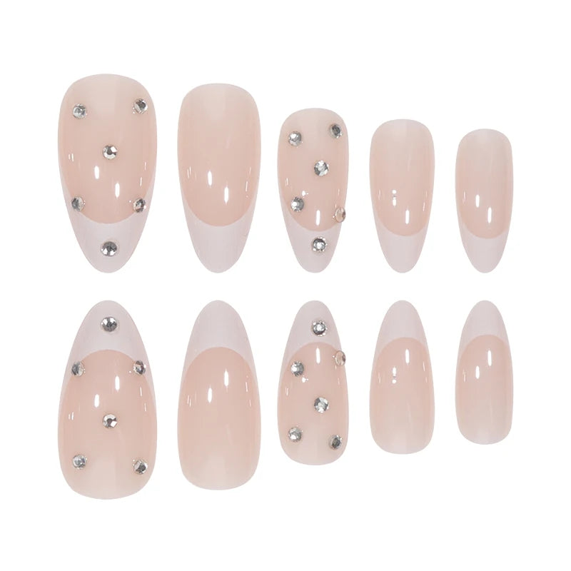 24 Long Almond White French Patterned 3D Diamond Gloss Fake Nails with 1 Nail File and Jelly Glue