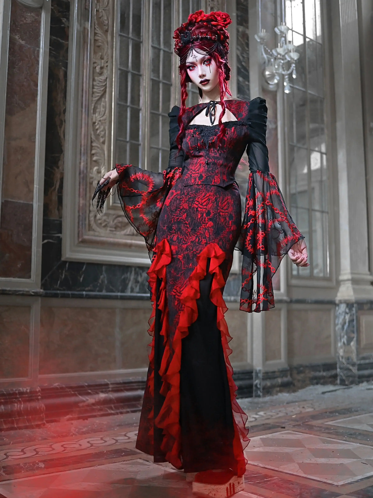 Blood Supply Devil Gothic Rose Print Long Skirt - Punk Chiffon Mesh Trumpet Skirt for Summer in Red and Black