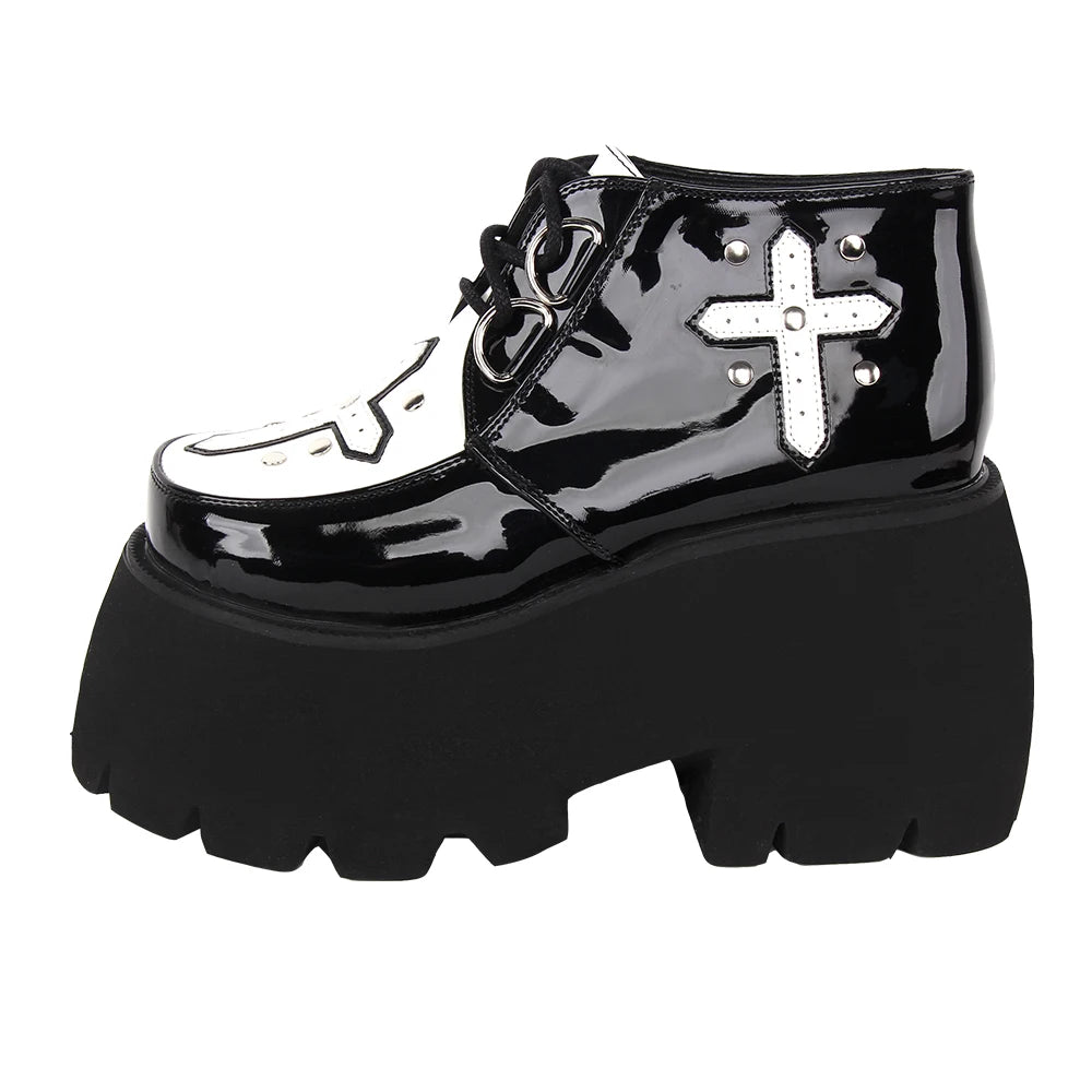 Angelic Imprint New Women's Punk Style Chunky Platform Shoes - Slip-On with Laces and Cross Printed Details