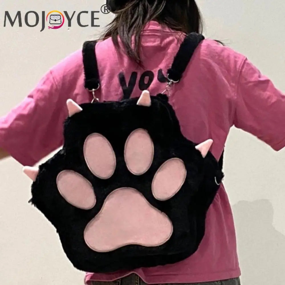 Cute Cat Paw Plush Backpack – Soft Furry Cartoon Purse with Adjustable Straps for Women and Girls