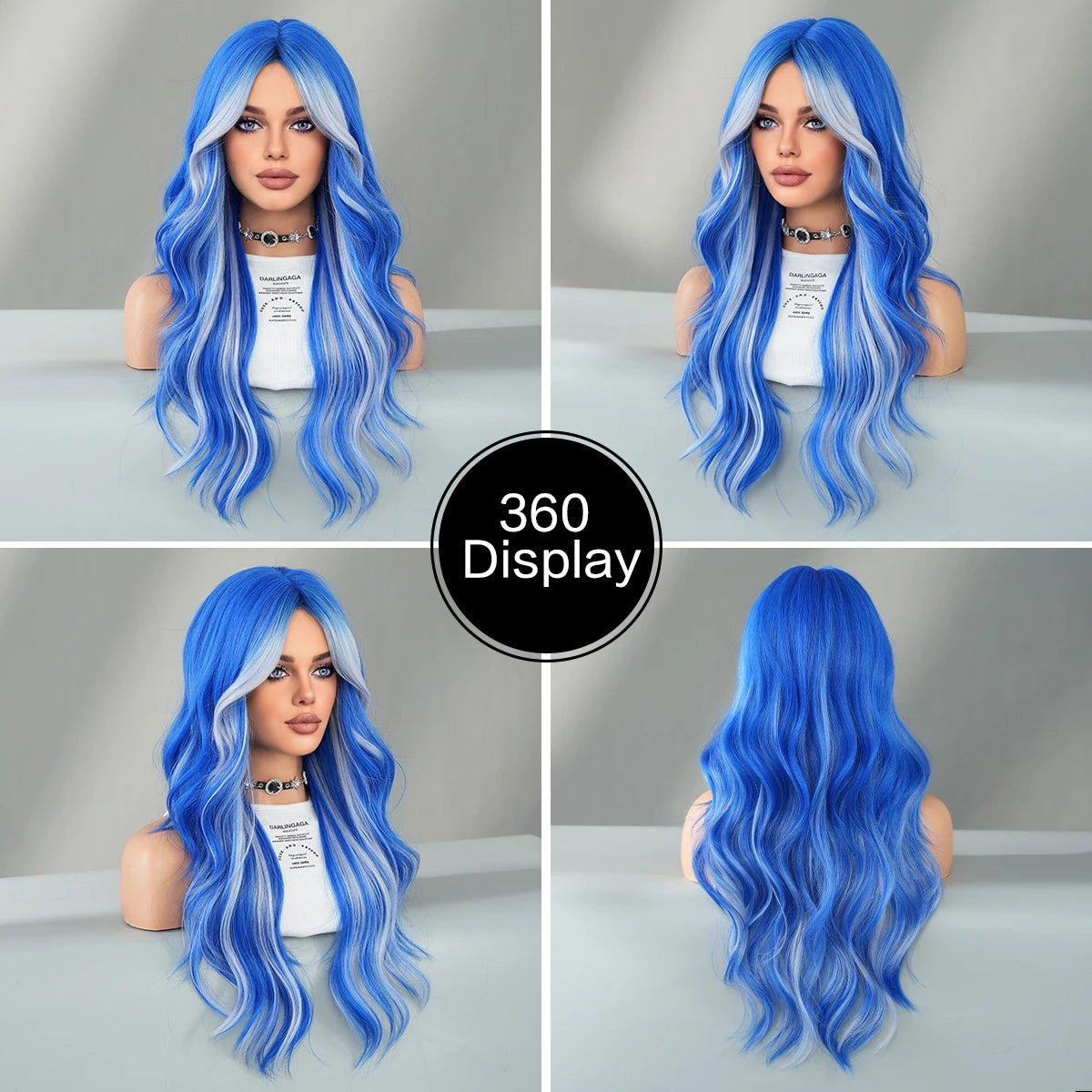 PARK YUN Long Loose Curly Blue Highlight Ash Wigs Middle Part Heat Resistant Synthetic Hair Wigs with Curtain Bangs