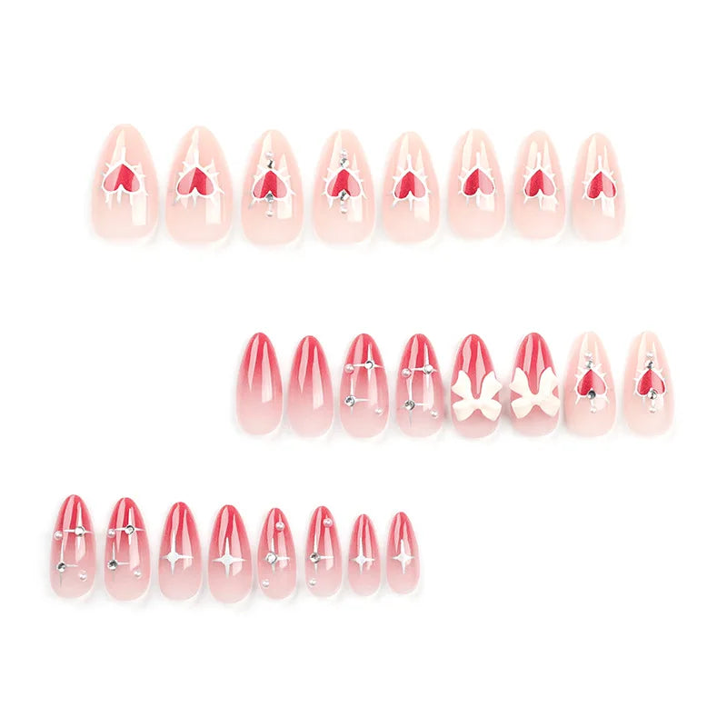 24 PCs Valentine's Day Long Almond Shape Novelty Pearl Bow Love Nail with 1 File and Jelly Glue