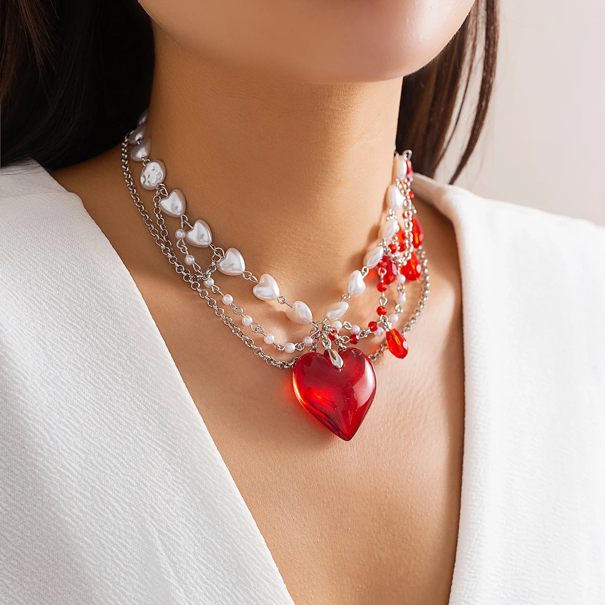 IngeSight.Z Luxury Multi-Layered Red Crystal Peach Heart Pendant Necklace | Women’s Elegant Imitation Pearl Link Chain Jewelry