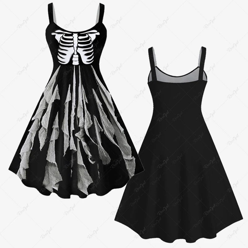 3D Skeleton Rags Printed Halloween Tank Dress for Women 2023 - Summer Sleeveless Casual Dresses XS-6X