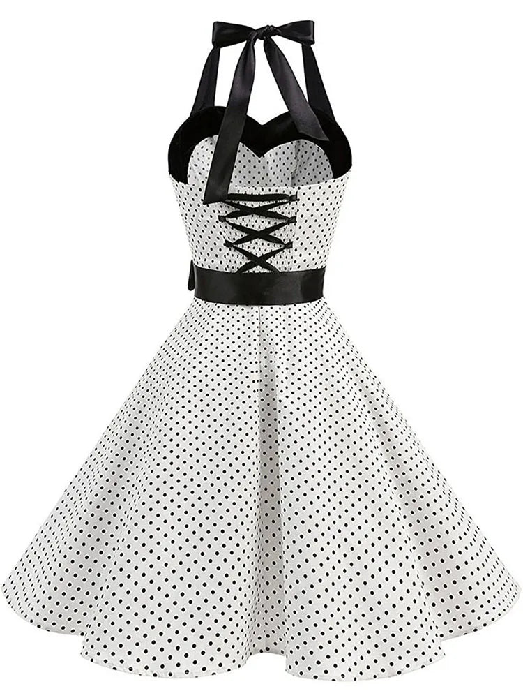 Women's Polka Dot Print Summer Dress - Sexy Retro White Halter Vintage Chic, Pin-Up Rockabilly Party Dress