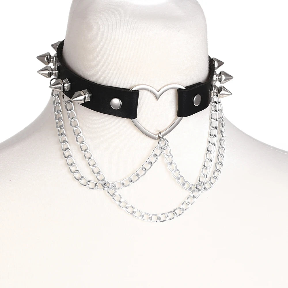 Punk Goth Spiked Heart Choker With Chain Leather Collar Gothic Costume Jewelry Accessories