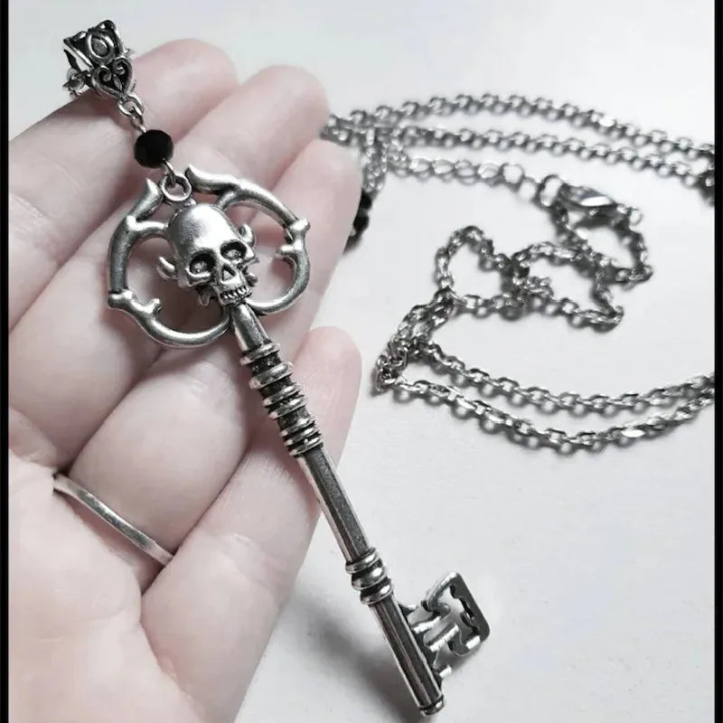 Goth Antique Silver Skeleton Key Necklace: Statement Pendant Charm, Creative Punk Jewelry Fashion for Women, a Unique Gift