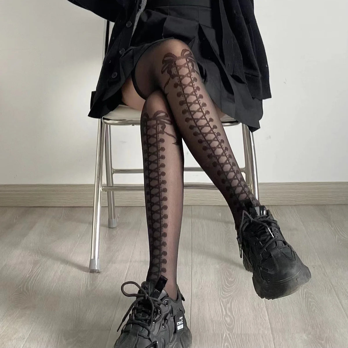 Japanese Knee-high Hosiery Women's Ultra Thin Cross Tie Bow Fake Boots Printed JK Lace Knee-high Hosiery Black Hosiery