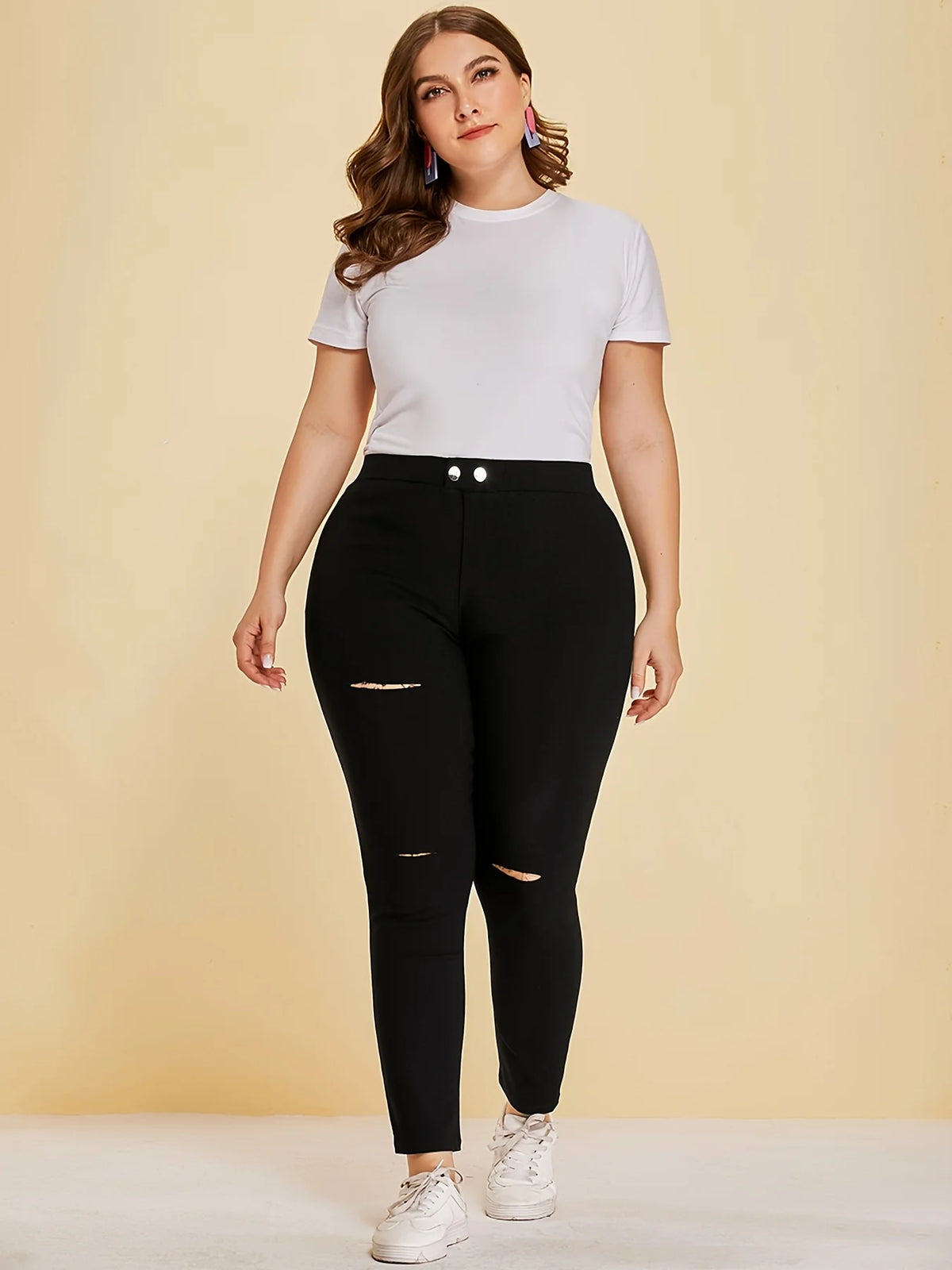 Summer New Women's Plus-Size British High Street Style Button Fashion Solid Color 9-Point Pants