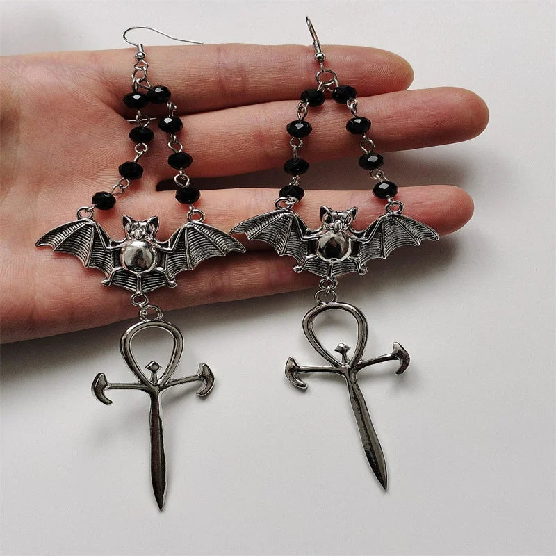 Vampire Bat Cross Earrings - Ankh Black Crystal Dangle Gothic Jewelry