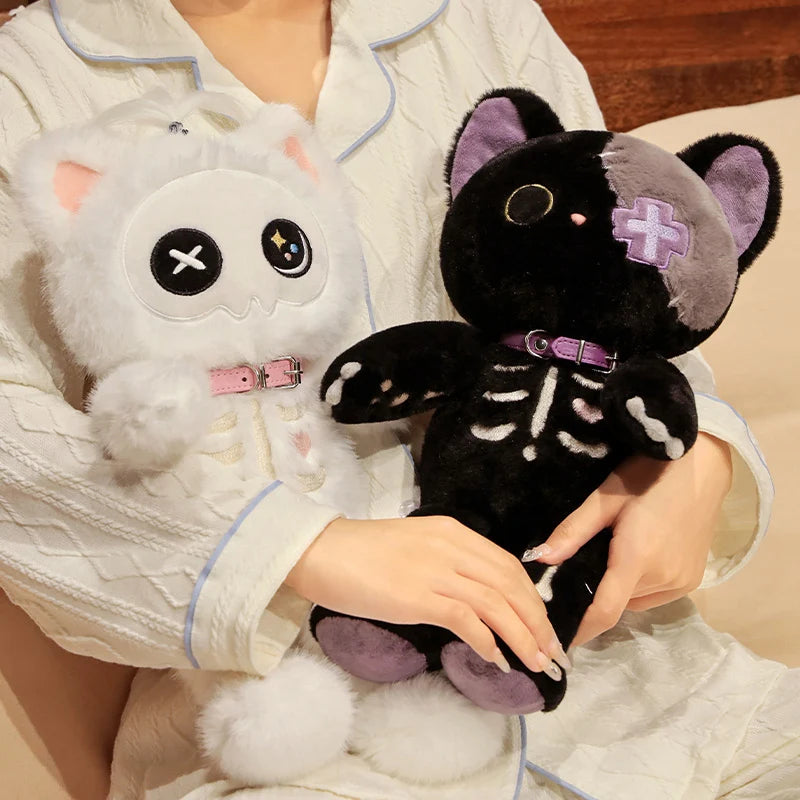 39cm Skeleton Cartoon Kitten Plush Toy – Black and White Stuffed Animal, Spooky Darkness Plushie, Perfect for Halloween Decor and Gifts