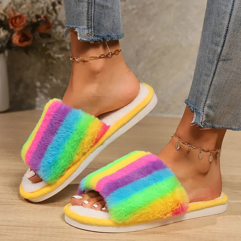 Colorful Fluffy Fur Slippers for Women 2024 - Winter Warm Flat Heel Home Cotton Slippers, Non-Slip Indoor House Shoes Slides