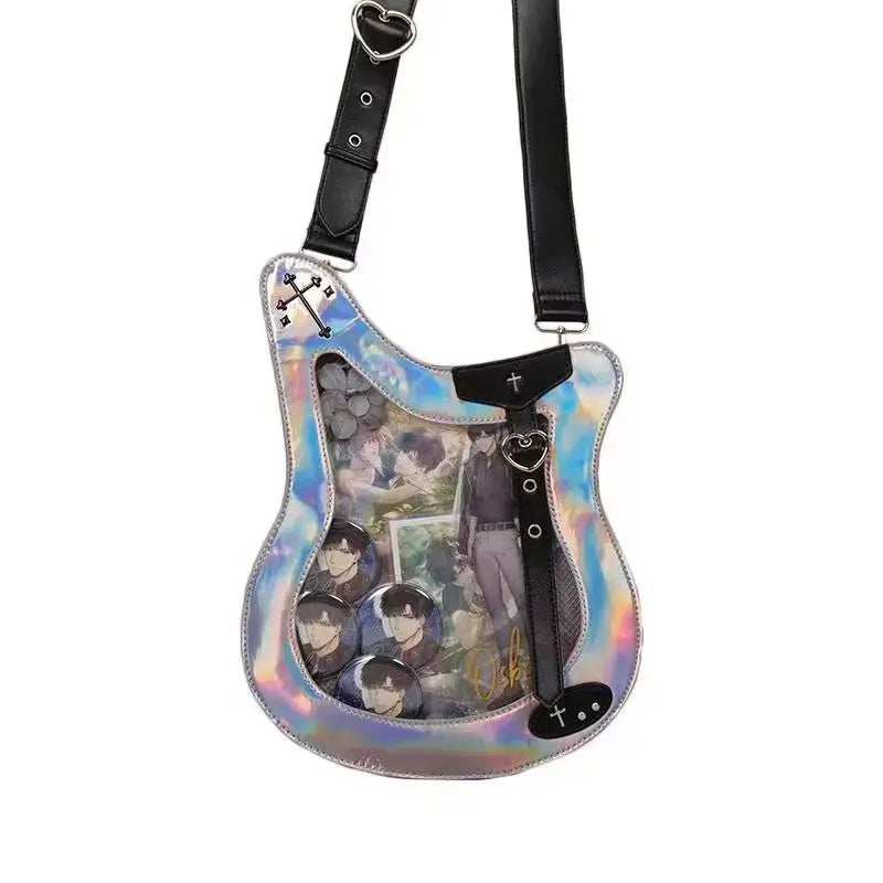 Anime Bass Guitar Designer Shoulder Bag – Transparent Crossbody Messenger Bag for Women and Girls, Unique Laser Design