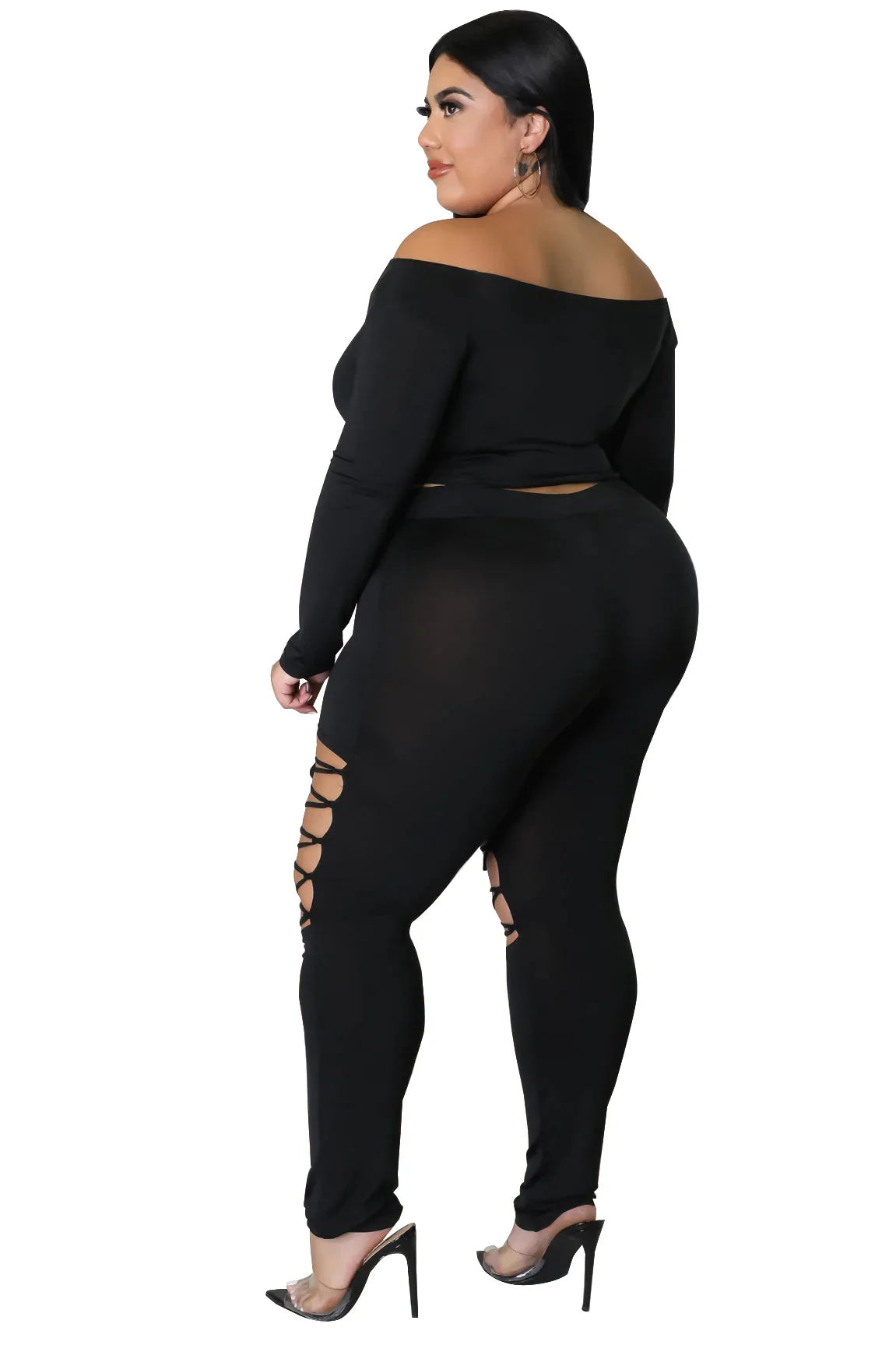 Women's Sexy Club Solid Outfits: Drawstring Crop Top and Bandage Pants Plus Size Two-Piece Sets