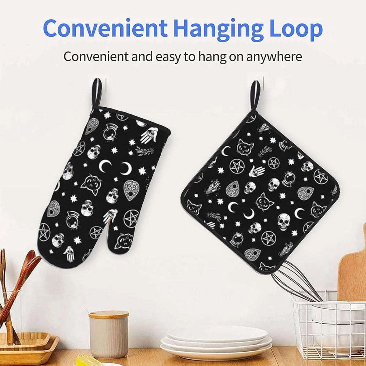 Skull Cat Moon Gothic Oven Mitts and Pot Holders Set | Heat Resistant Non-Slip Kitchen Gloves with Cotton Layer