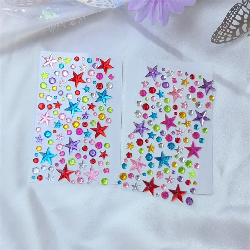 1 Set (2 Pcs) Colored Gem Stickers – Hearts & Stars Face Jewels for Y2K Party, Stage Performances, Cosplay Makeup, and Fake Tattoos