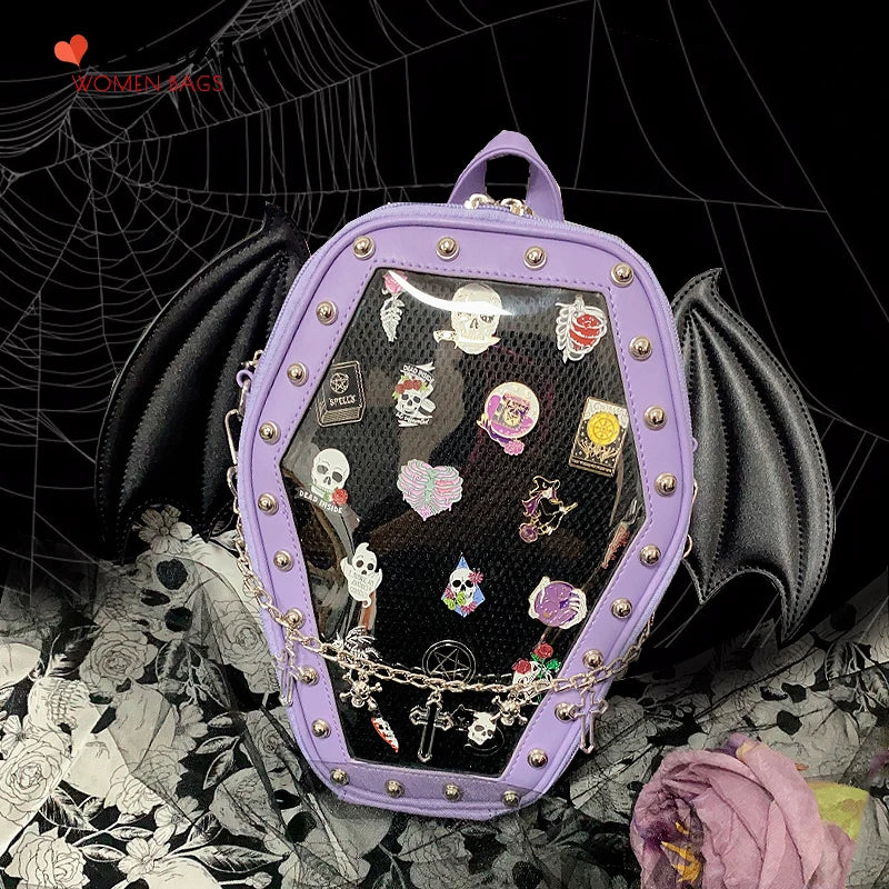 Bat Wings Coffin Ita Bag for Goth Pin Collector Women Shoulder Bag Small Clear School Bag Punk Ita Purse Enamel Pin Display Bag