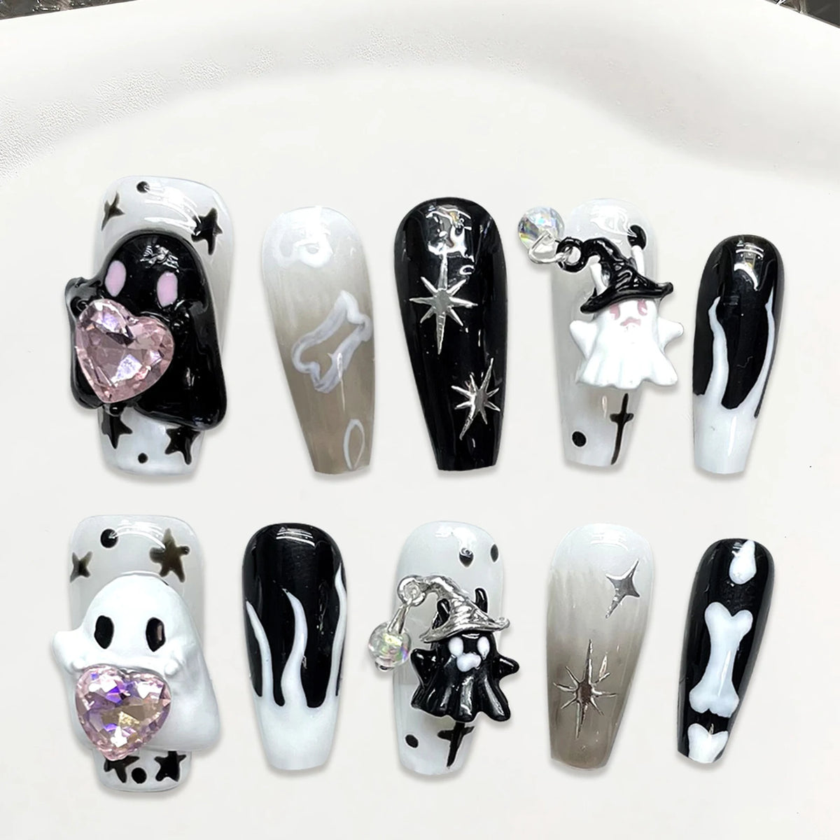 Handmade Press on Nails Cute White Ghost 3D Crystal Decor False Nails Full Cover Wearable Sweet Cool Girls Halloween Fake Nails