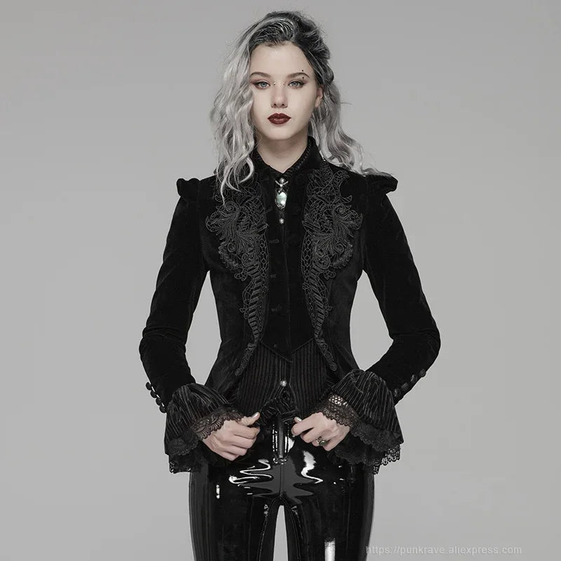 PUNK RAVE Women's Gothic Lolita Short Coat - Black Puff Long Sleeve Halloween Party Jacket with Lace Decoration