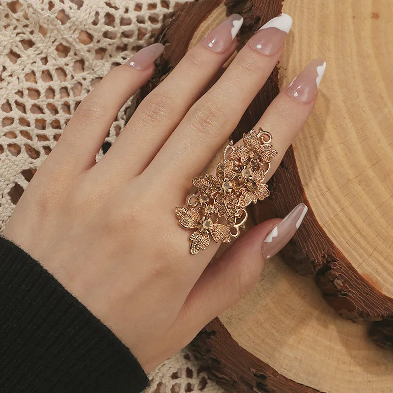 Vintage Long Hollow Flower Ring - Elegant Adjustable Golden Rings for Women with Champagne Color Crystal