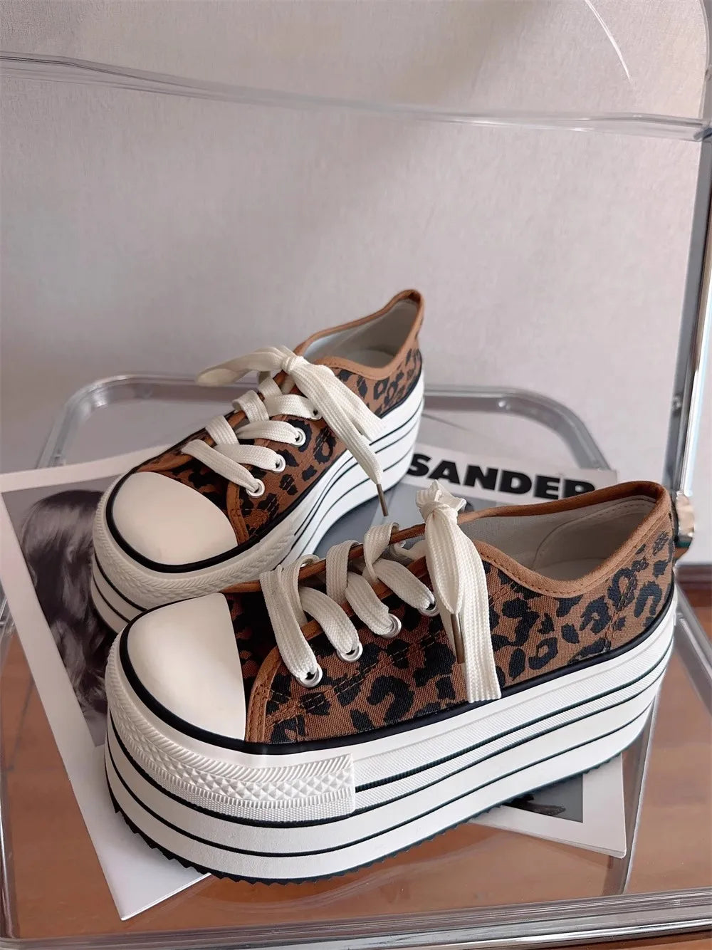 Women Leopard canvas shoes woman high thick wedges Heels pumps Lady Dress party shoes round toe 32-47 lace up Stripe splicing