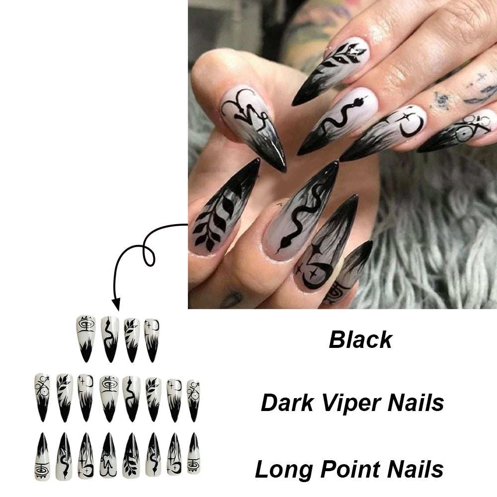 24pcs Halloween Black Nails Long Almond False Nails Press on Nails French Ballerina Nails Detachable Nail Tips Nail Art