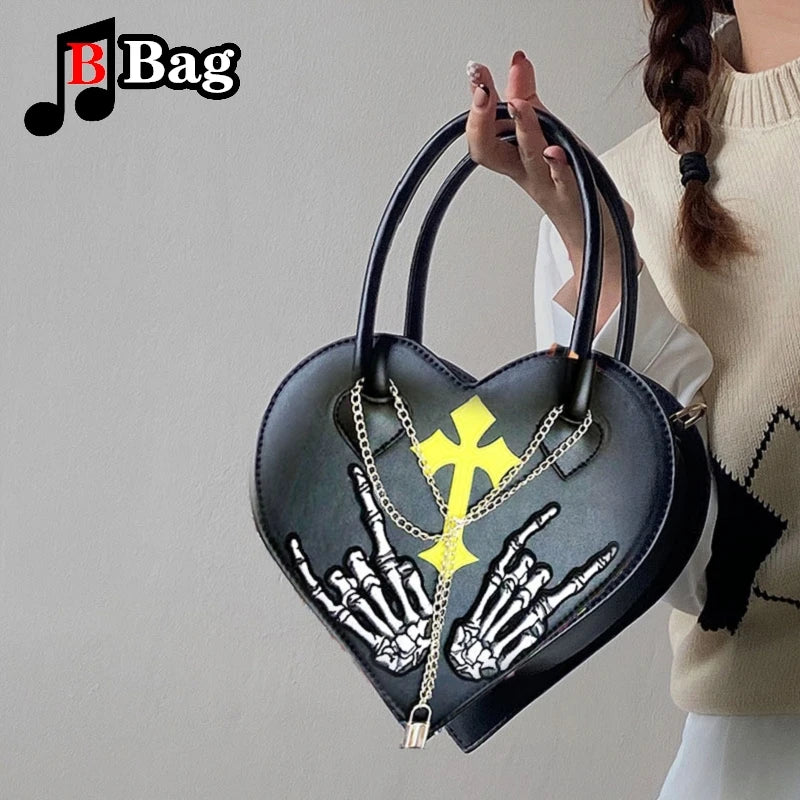 Y2K Skeleton Hand Heart Shoulder Bag | Harajuku Punk Chain Messenger Tote for Women