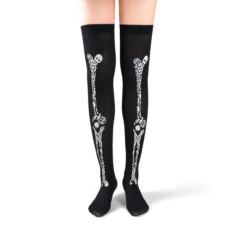 Women's Halloween Blood Bone Print Stockings - Skull Skeleton Over-the-Knee Socks, Thigh-High Cosplay Accessories