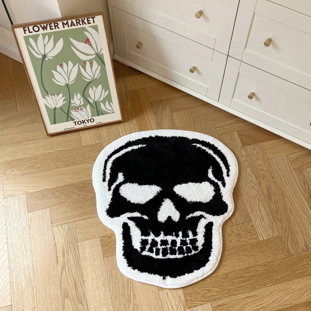 Cool Skull Bath Mat - Gothic Home Decor for Halloween, Black Goth Bedroom Rug for Bathroom, Kitchen, or Witchy Teen Gift