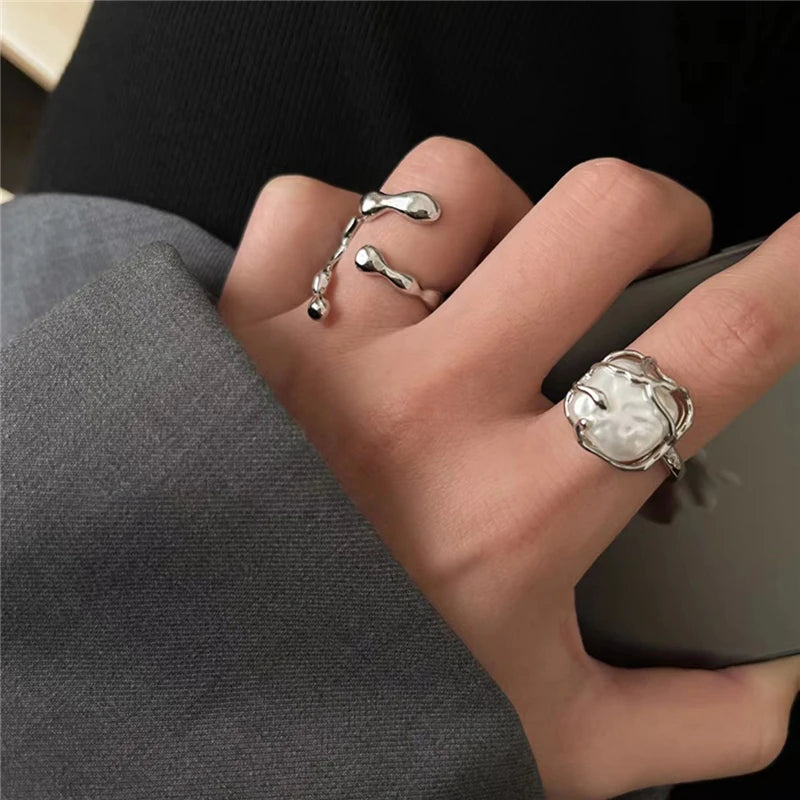 Punk Gothic Cool Geometry Silver Color Heart Flower Metal Opened Adjustable Ring For Women Men Girl Bff Party Grunge Y2k Jewelry