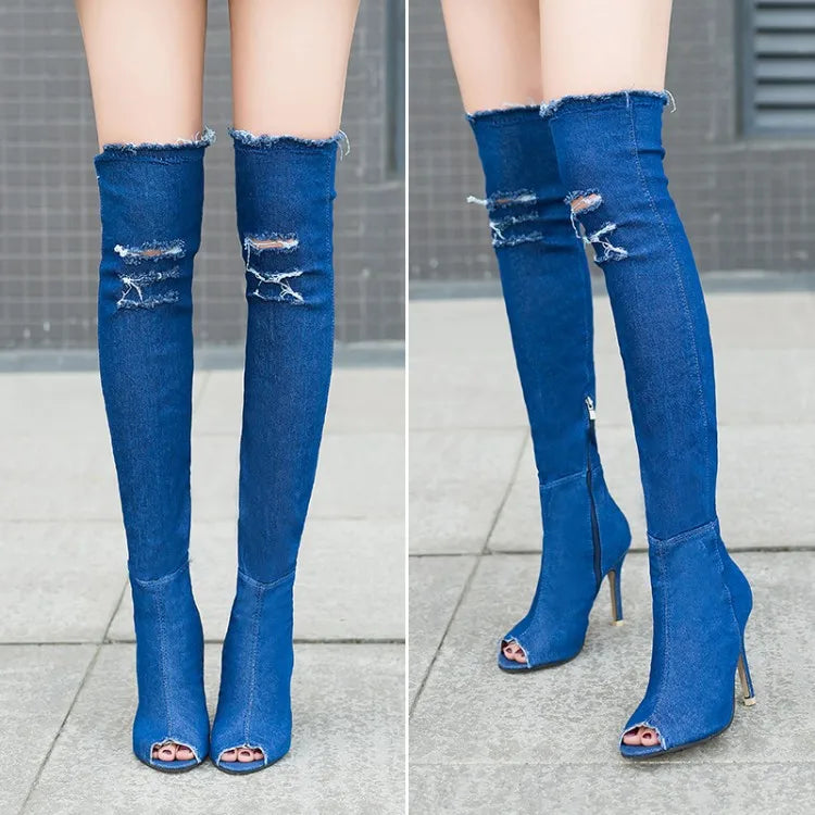 Fashion Women’s High Heel Boots - Spring Autumn Peep Toe Over-The-Knee Stiletto Jeans Cowboy Boots