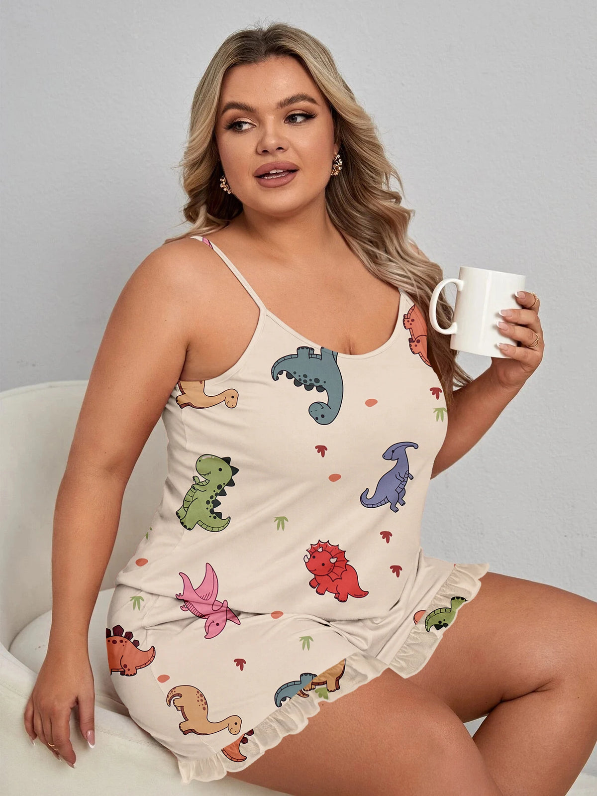 Plus Size Women's Clothing Set - Camisole Shorts Pajamas for Casual Home Wea